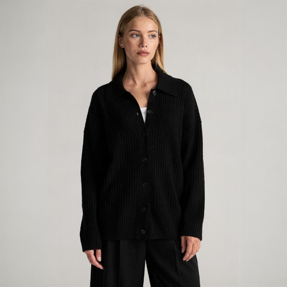 New Quince Cashmere Wide Rib Collared Cardigan Black XS Oversized #54